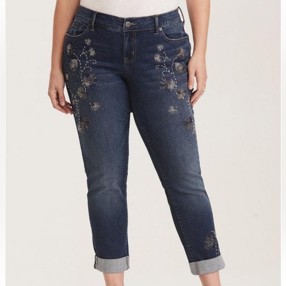 NWT Vintage Premium Boyfriend Jeans - Dark Wash with Beaded Embellishments - Picture 2 of 14